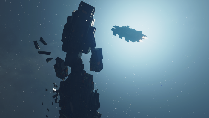 Spaceship near a crumbling space station