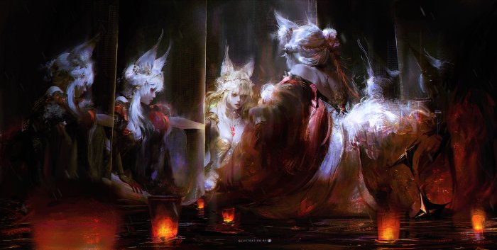 Fox-eared women in ornate dresses by candlelight