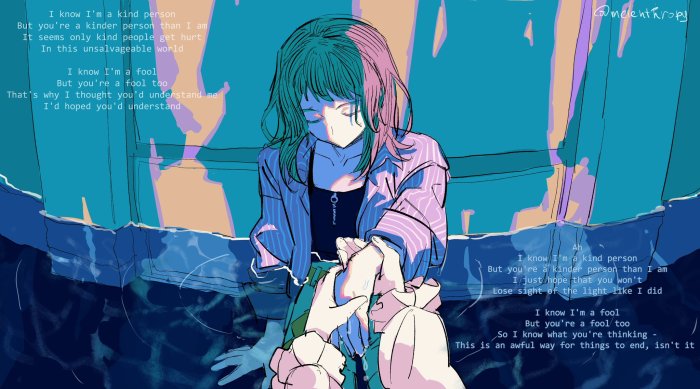 Anime girl holding hands in water with text