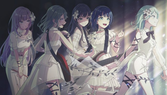 Five girls in white dresses playing instruments on stage