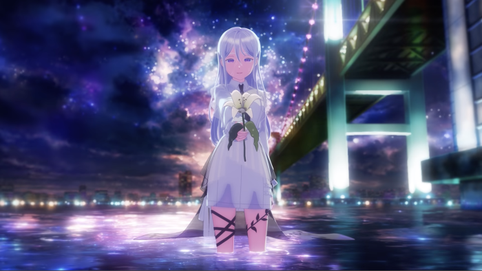 Anime girl holding a lily by a bridge at night