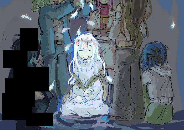 Anime characters with a girl in white