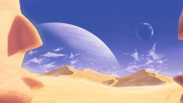 Alien desert landscape with planets in the sky