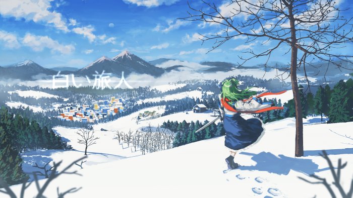 Anime girl in winter landscape with village and mountains