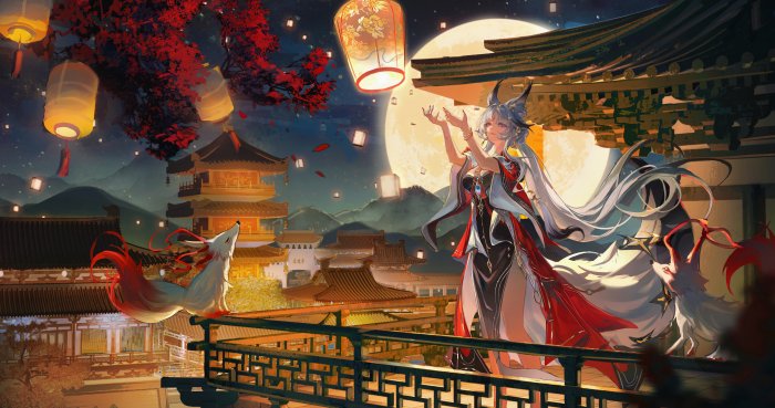 Anime girl and fox spirit with lanterns