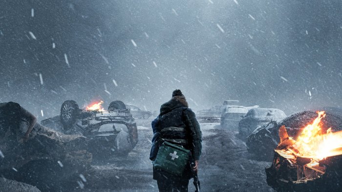 Survivor in a post-apocalyptic snowy landscape