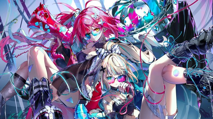 Hatsune Miku and Kagamine Rin in vibrant, futuristic outfits