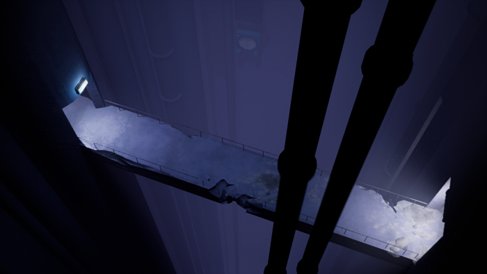 Dark industrial interior with broken walkway and pipes