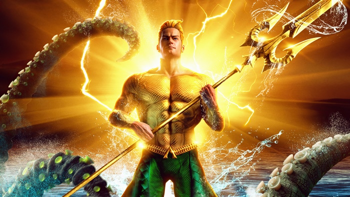 Aquaman holding his trident with tentacles and lightning