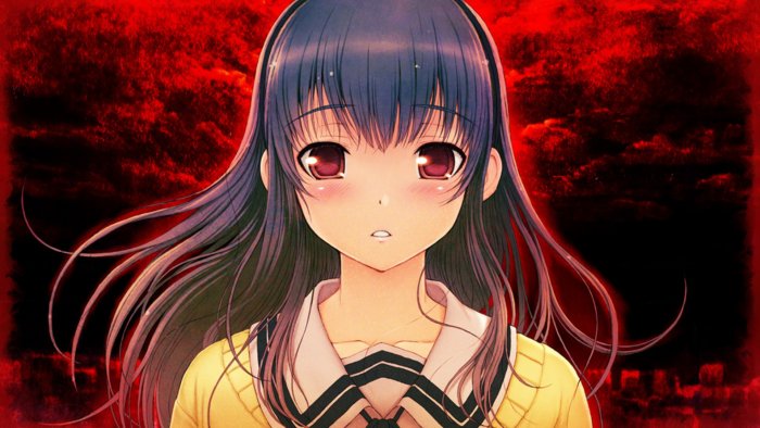 Anime girl with dark hair and red eyes