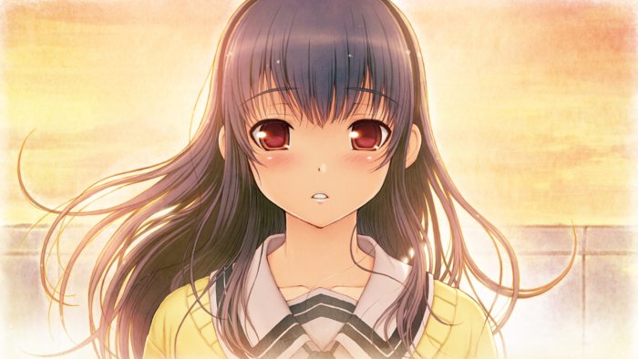 Anime girl with dark hair and red eyes in yellow jacket