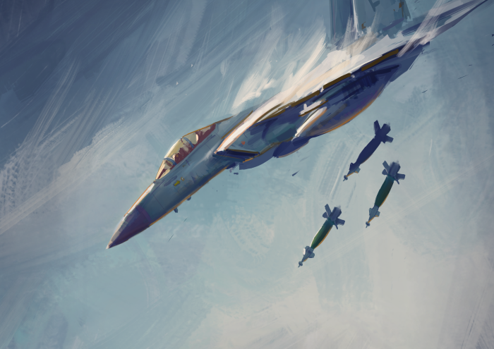 Fighter jet dropping bombs in the sky