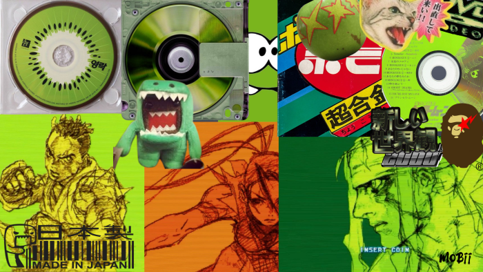 Collage of video game characters, CDs, and anime art