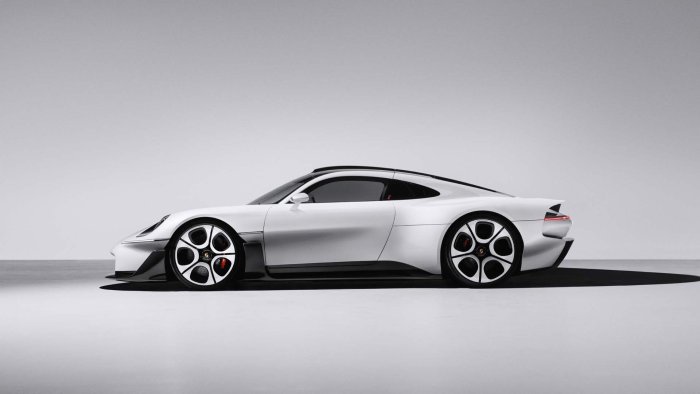 White Porsche concept car with unique wheels