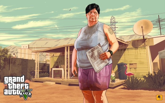 Grand Theft Auto V character holding a wanted poster