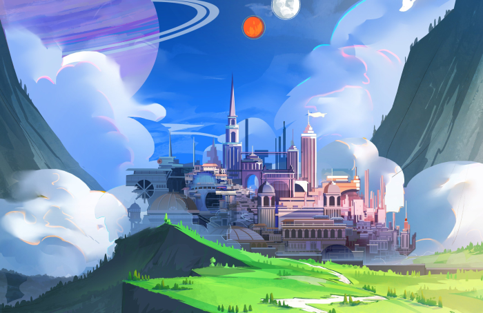 Futuristic Cityscape with Planets and Mountains