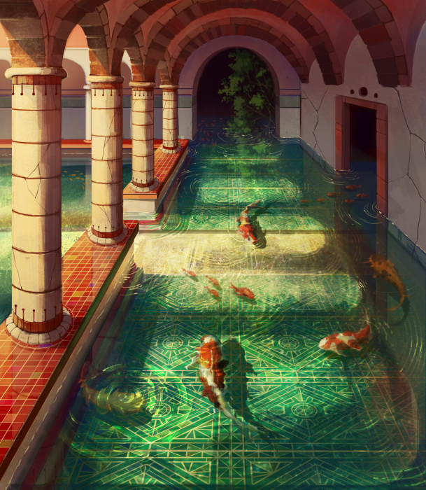 Koi fish swimming in a sunlit ancient courtyard pool