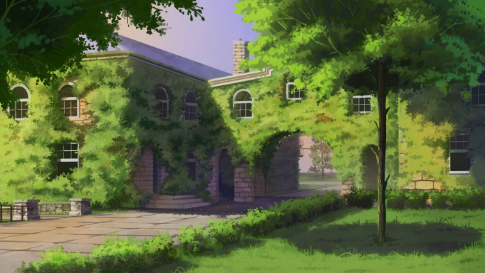 Ivy-covered building with arched walkway and trees