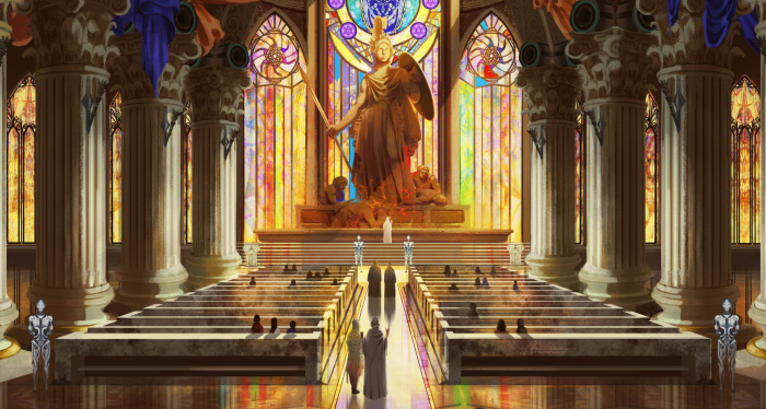 Grand Hall with Statue and Stained Glass Windows