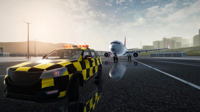 Airport vehicle and airplane on runway