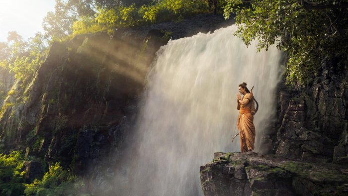 Lord Rama praying by a waterfall