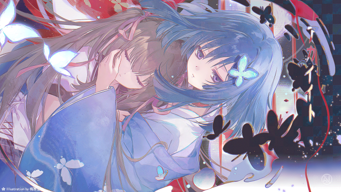 Two anime girls in kimonos with butterflies