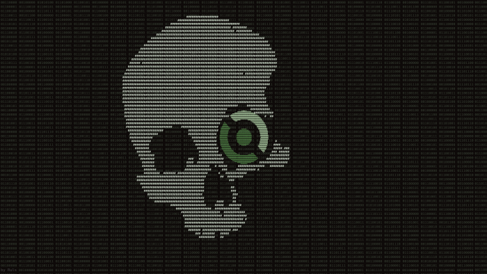 Skull made of binary code with green eye logo