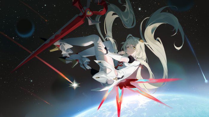 Anime girl with sword in space near planet