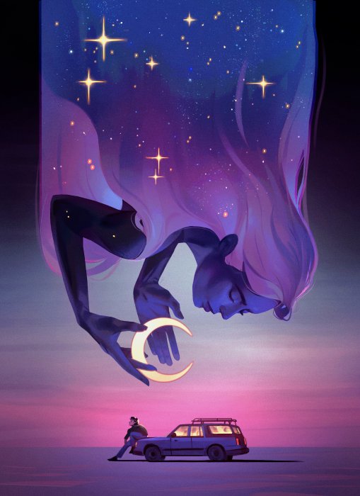 Cosmic Being Holding Moon Over Person and Car