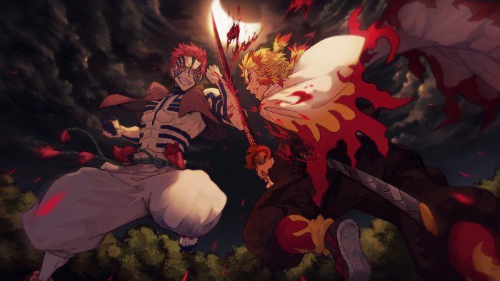 Akaza and Rengoku fighting in Demon Slayer
