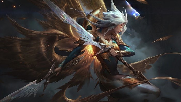 Kayle from League of Legends with golden wings and sword