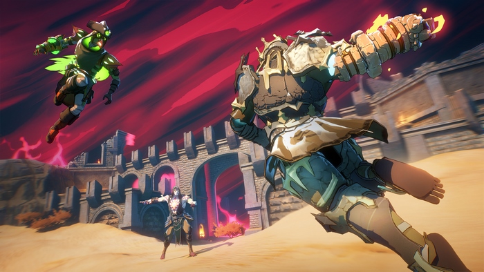 Spellbreak characters in a desert arena