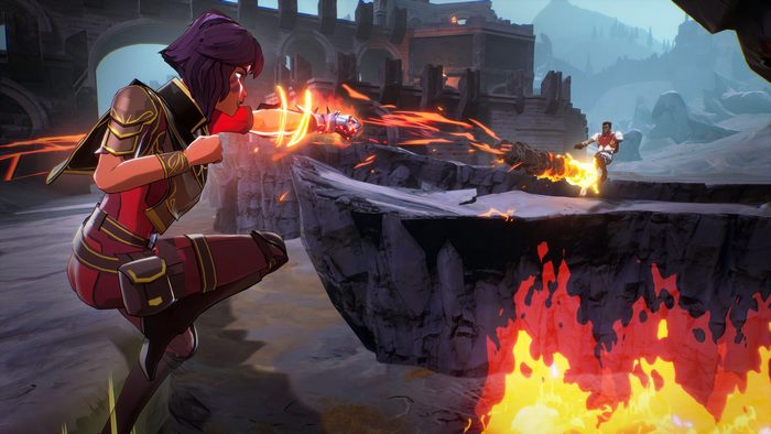 Spellbreak characters fighting with fire magic