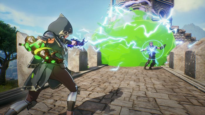 Spellbreak characters casting spells on a stone bridge