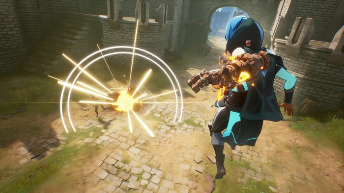 Spellbreak character firing weapon