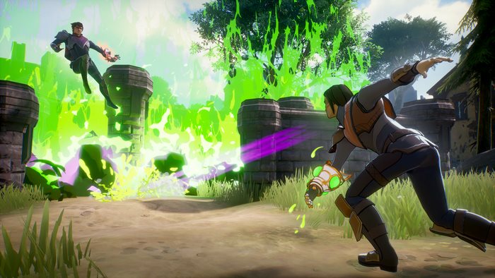 Spellbreak characters casting spells in a forest