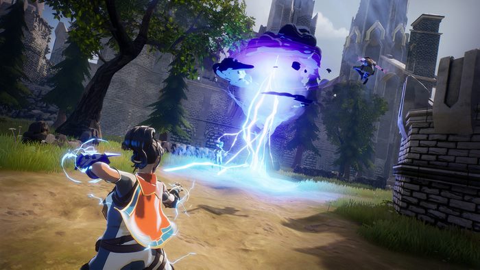 Spellbreak characters casting lightning spells near castle