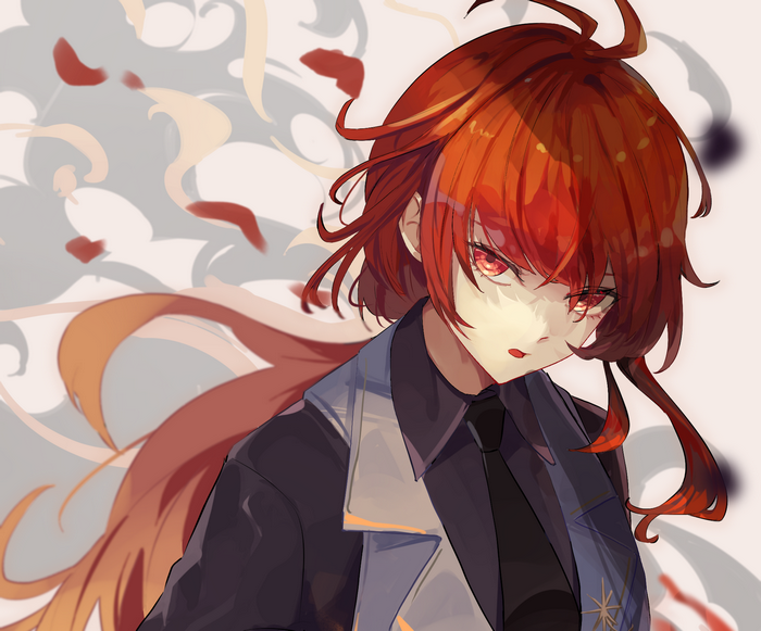 Diluc from Genshin Impact with red hair and eyes
