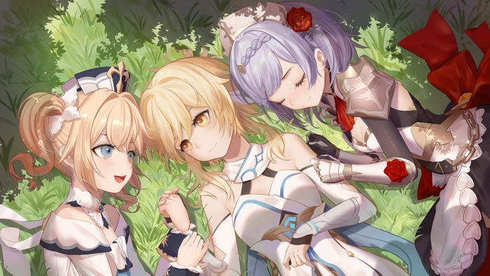 Noelle, Lumine, and Barbara Relaxing in Genshin Impact