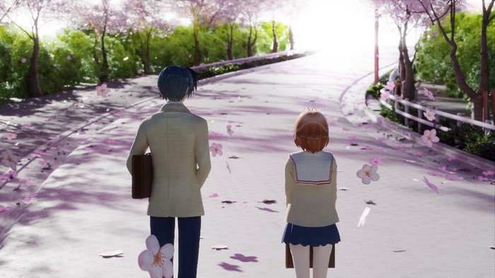 Tomoya Okazaki and Nagisa Furukawa walking under cherry blossoms