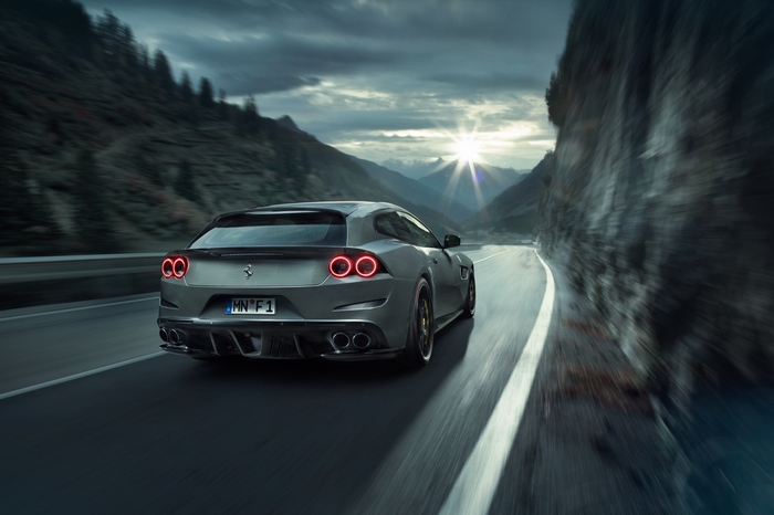 Novitec Rosso Ferrari GTC4Lusso driving on a mountain road