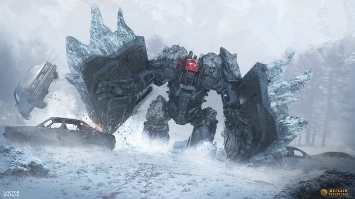 Ice Golem Mech destroying cars in a snowy forest