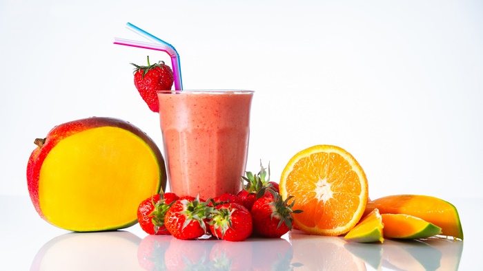 Strawberry Mango Smoothie with Orange and Fruit
