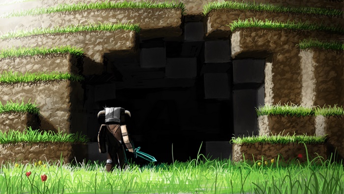 Warrior with sword at cave entrance in Minecraft