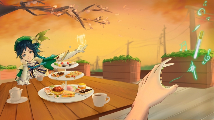 Venti from Genshin Impact at a tea party