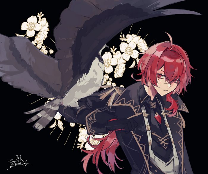 Diluc from Genshin Impact with a bird and flowers