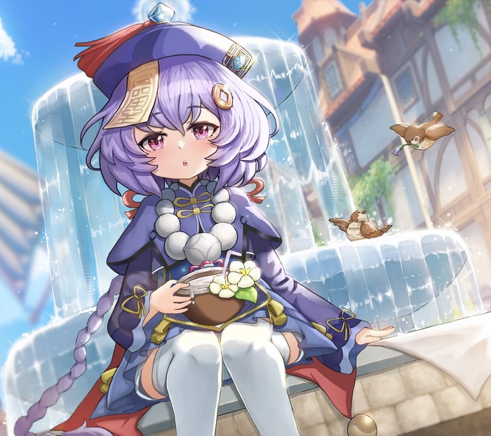 Qiqi from Genshin Impact by a fountain