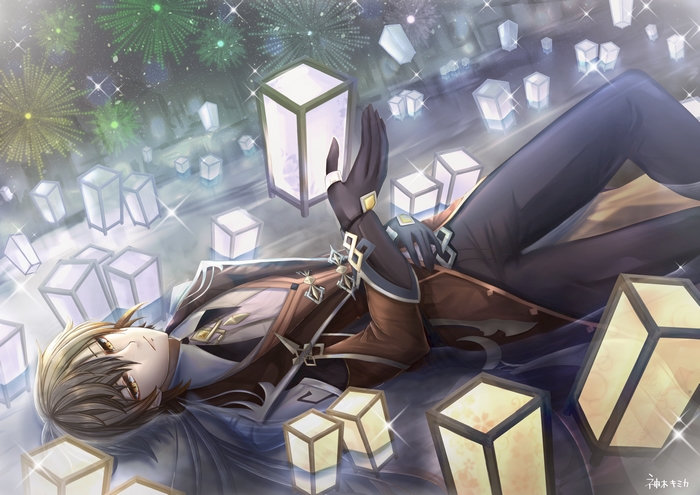 Zhongli from Genshin Impact with lanterns and fireworks