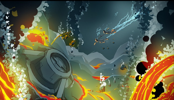 Gary Goodspeed and Quinn Airgon underwater near lava in Final Space
