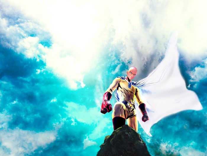 Saitama from One-Punch Man standing on a rock
